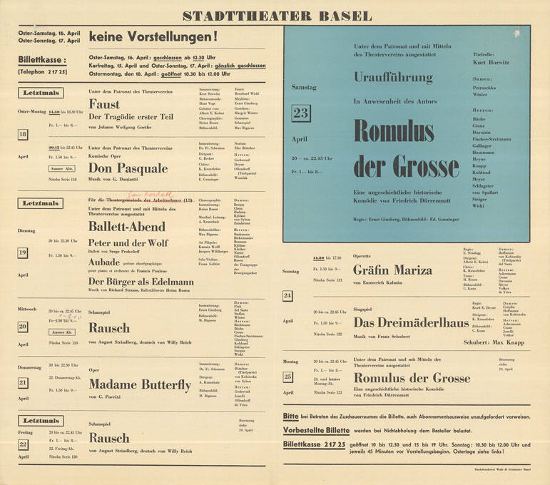 Stadttheater Basel, Uraufführung, In Anwesenheit des Autors, Romulus der Grosse, Eine ungeschichtliche historische Komödie von Friedrich Dürrenmatt