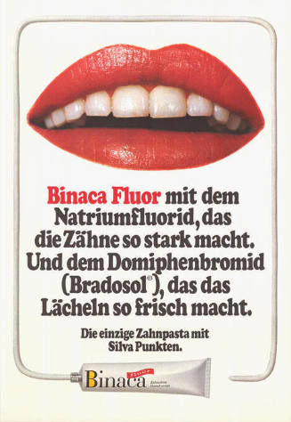 Binaca Fluor mit dem Natriumflorid, das die Zähne so stark macht. Und dem Domiphenbromid (Bradosol), das das Lächeln so frisch macht.