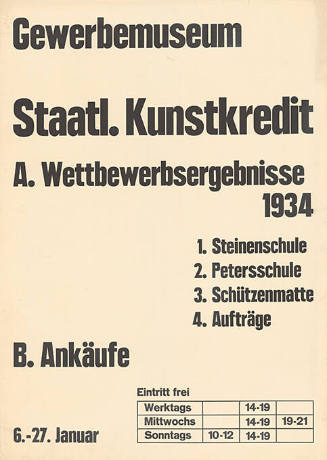 Staatl. Kunstkredit, A. Wettbewerbsergebnisse, B. Ankäufe, Gewerbemuseum Basel