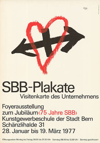 SBB-Plakate, Visitenkarte des Unternehmens, Foyerausstellung zum Jubiläum ‹75 Jahre SBB›, Kunstgewerbeschule der Stadt Bern