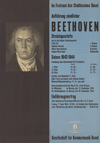 Aufführung sämtlicher Beethoven Streichquartette, Gesellschaft fur Kammermusik Basel, Festsaal, Stadtcasino Basel