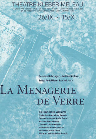 La Menagerie de Verre, Tennessee Williams, Théâtre Kléber-Méleau, Vidy, Lausanne