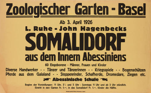 Somalidorf aus dem Innern Abessiniens, 60 Eingeborene, Männer, Frauen und Kinder, Zoologischer Garten, Basel
