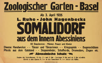 Somalidorf aus dem Innern Abessiniens, 60 Eingeborene, Männer, Frauen und Kinder, Zoologischer Garten, Basel