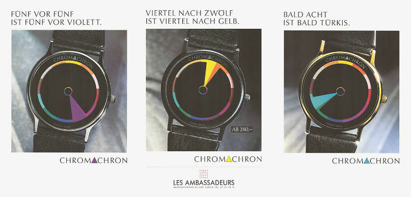 Fünf vor fünf ist fünf vor violett.[…] Chromachron ColorTime, Les Ambassadeurs Zürich
